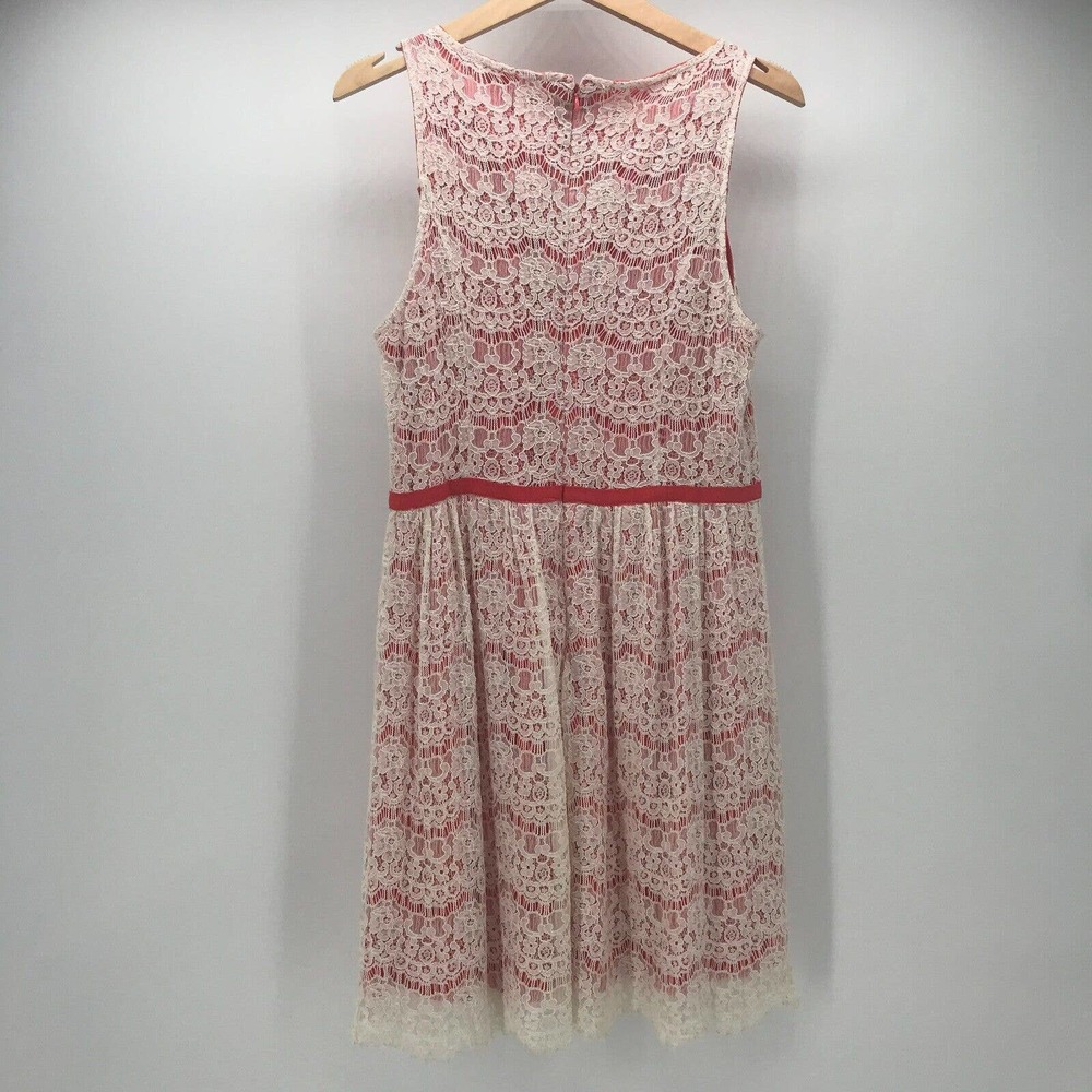 Elle Dress Womens 8 Coral Ivory Lace Overlay Fit & Flare Sleeveless Lined Ribbon - Picture 2 of 7